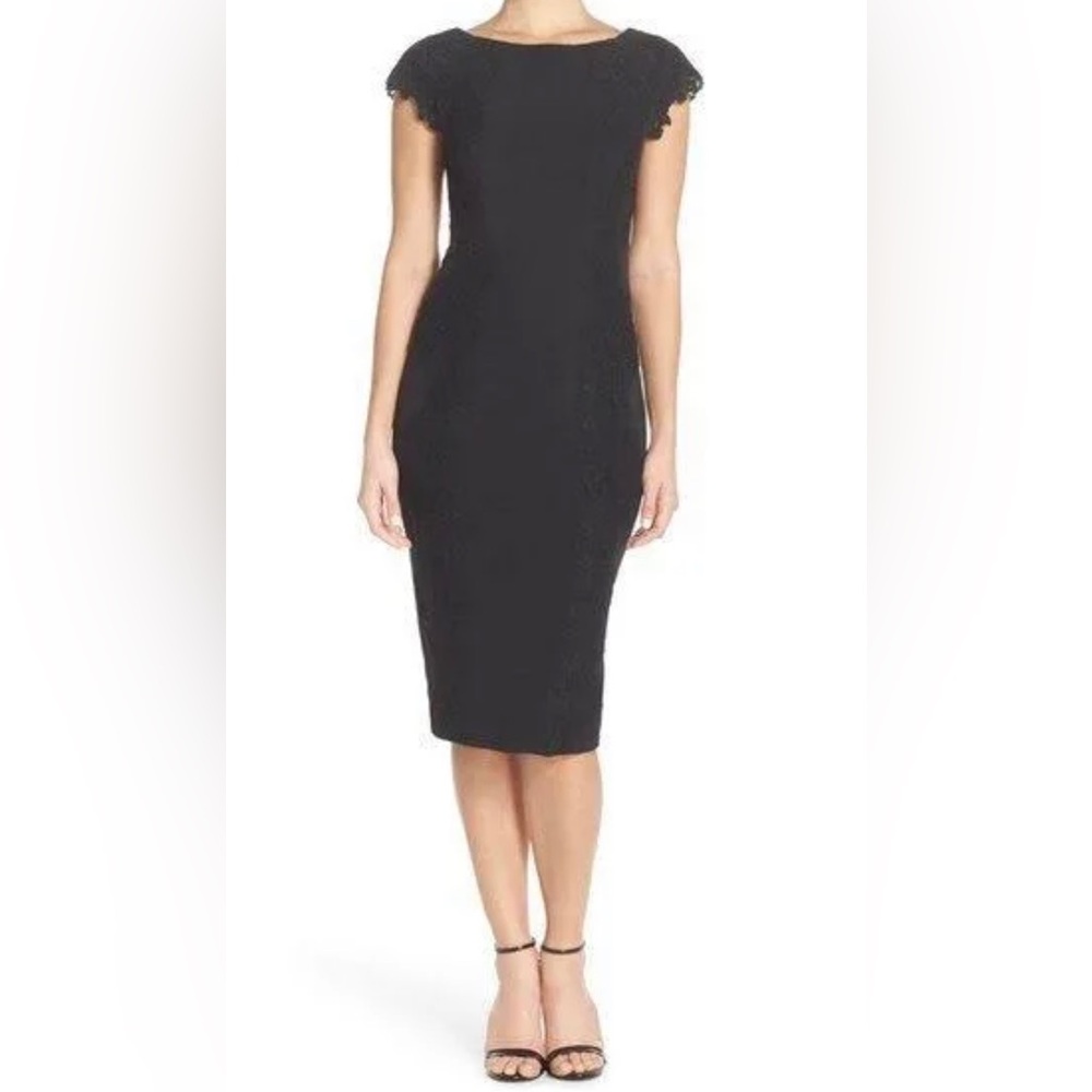 Maggy London Petite Lace Detail Crepe Black Sheath Dress Sz 4P